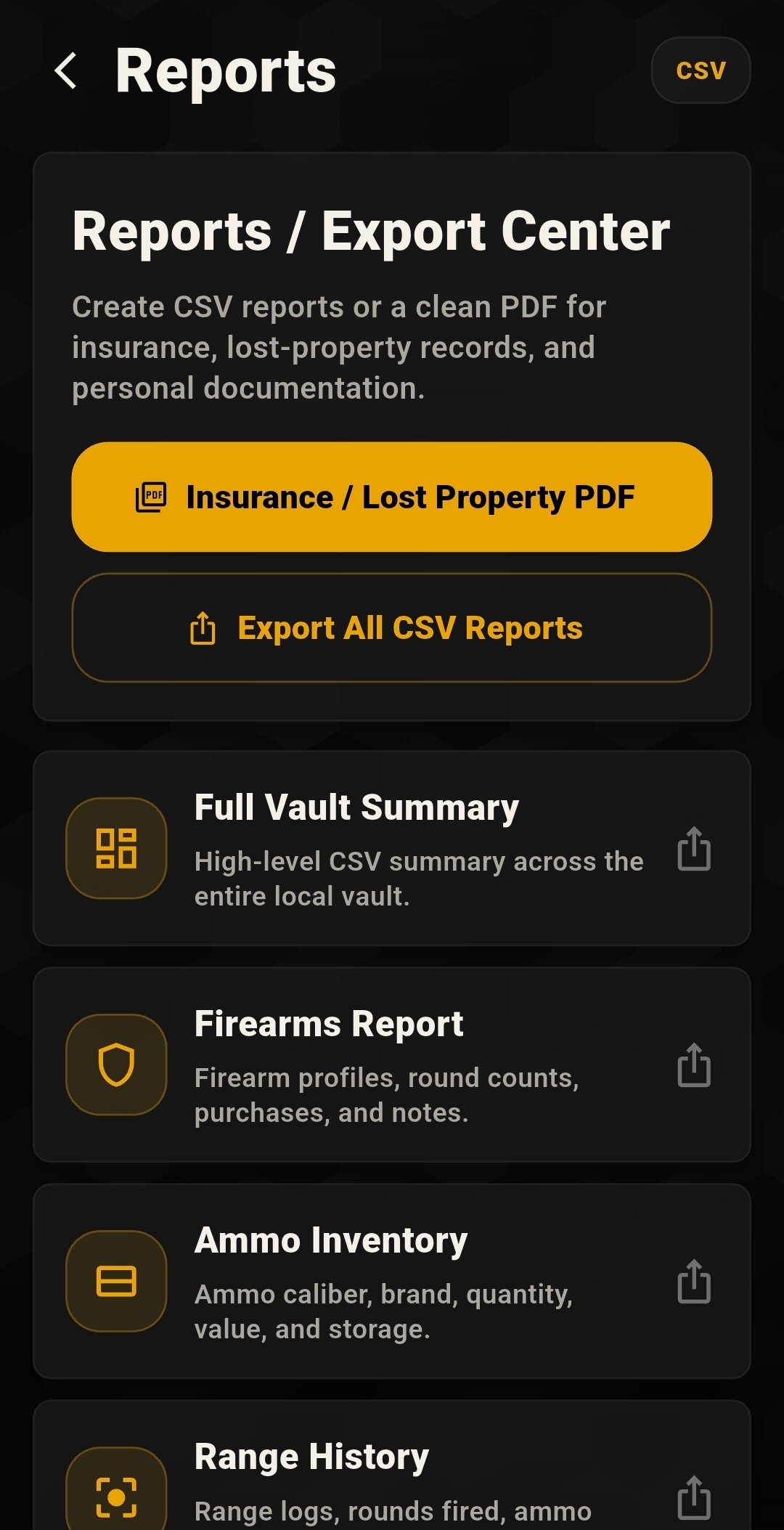 Reports and export center